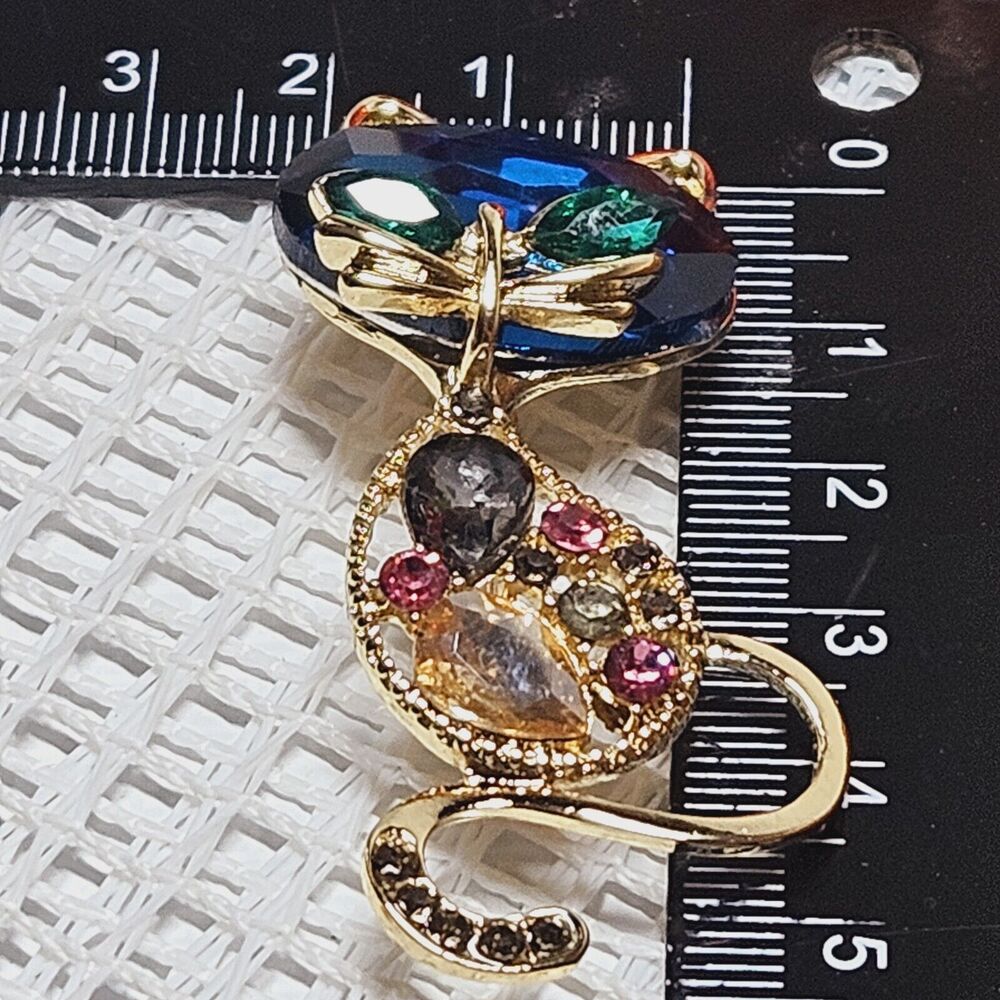 Cat Siluet pin Large Blue faceted Gemstone & Rhinestones 2.5 in Statement Brooch - Picture 4 of 10